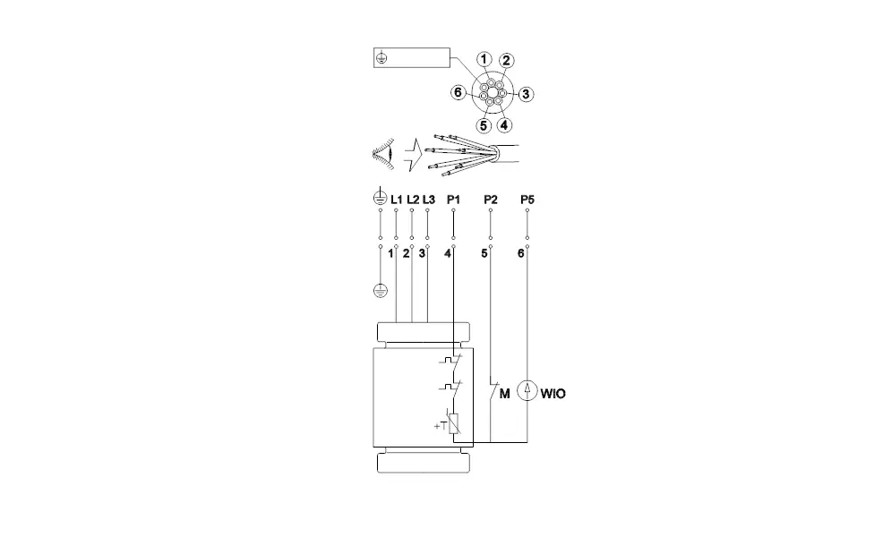 Schaltplan einer Tauchmotorpumpe von Grundfos mit Anschlussdetails, einschließlich der Phasen L1, L2, L3 sowie der Anschlüsse für Motor und Steuerung.